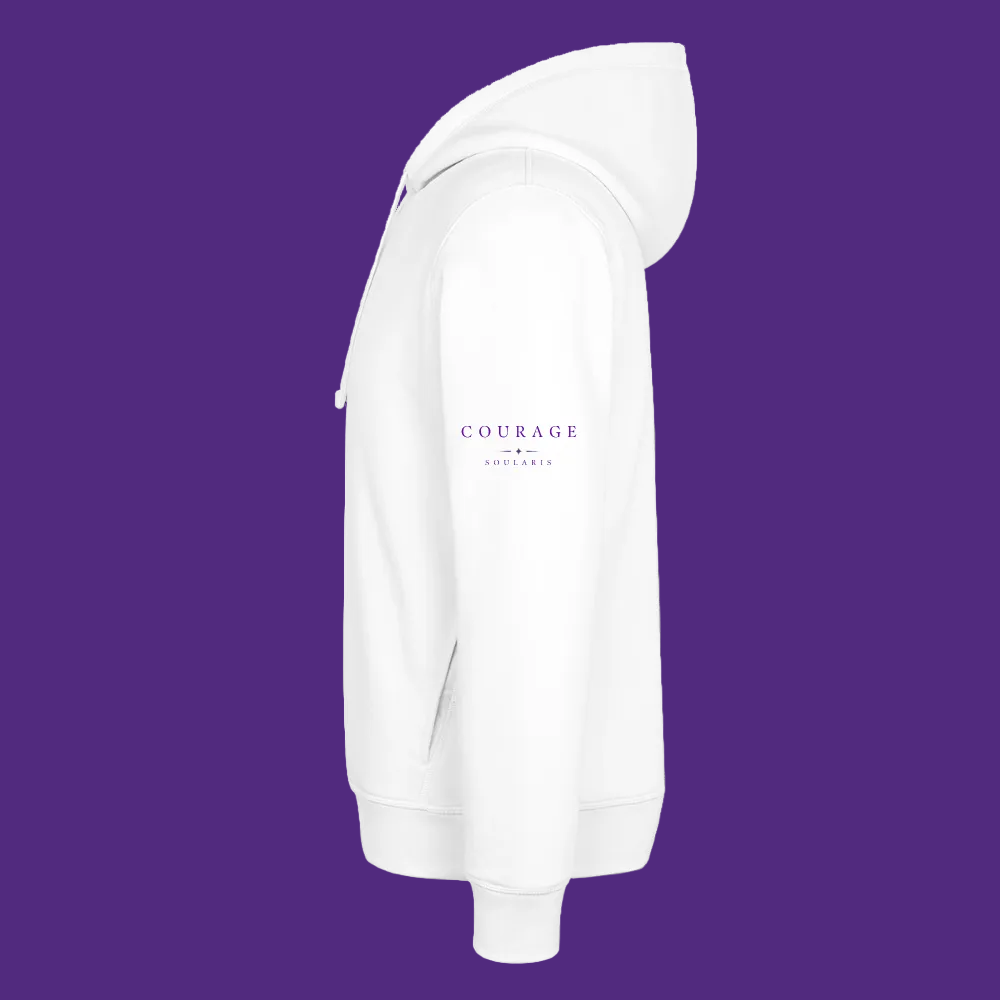 Good Vibes Organic Dunkelviolett Soularis Unisex Hoodie „Courage“ - white